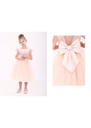 Peach Lace Tulle V Back Flower Girl Dress
